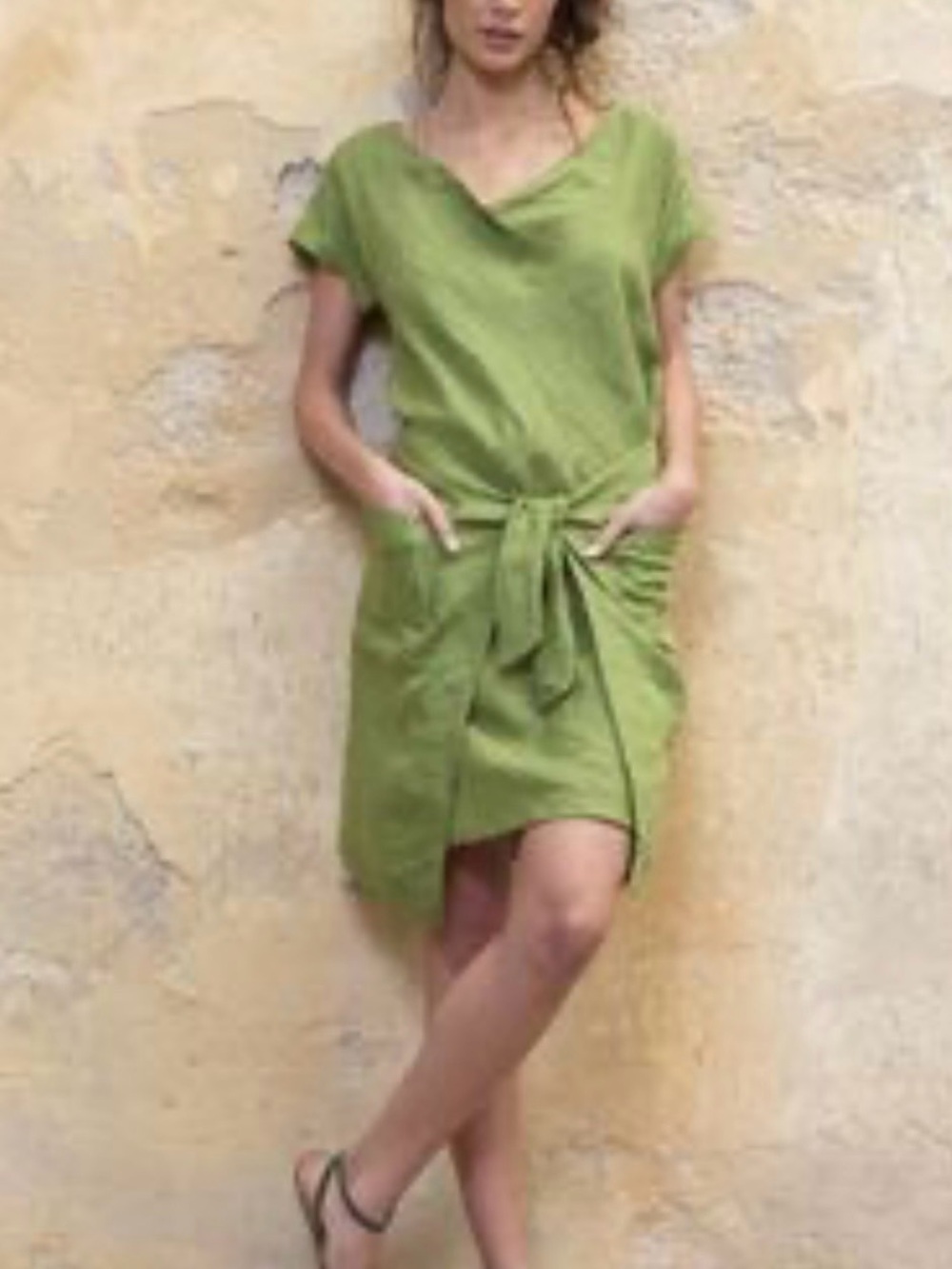 NIU Italy 100% Linen Tie-Waist Short Sleeve Skirted Dress in Olive Green Size M